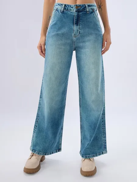 Medium Blue Solid Mid Rise Wide Leg Jeans